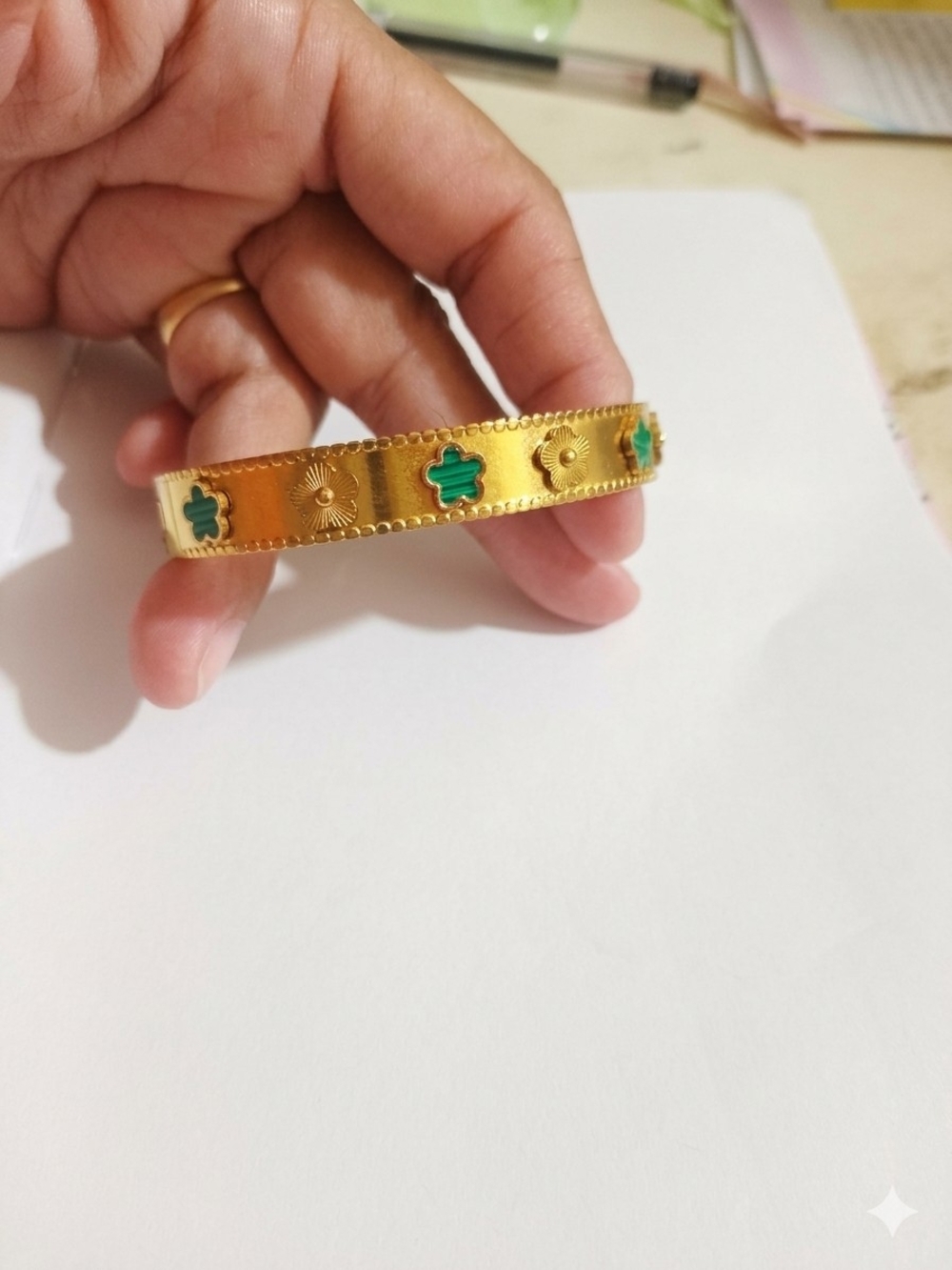 Gold-Tone Stainless Steel Bangle Bracelet with Green Inlay - Women Jewelry